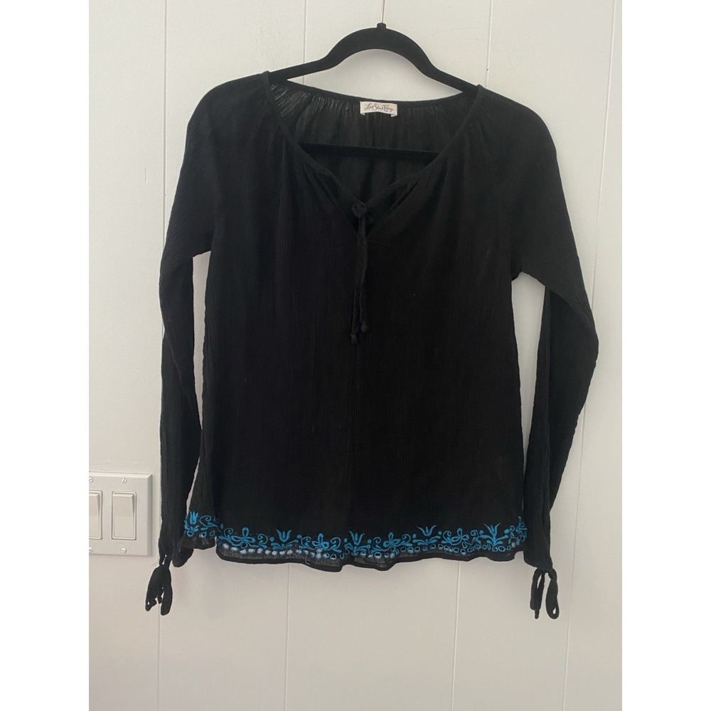 LOVESHACKFANCY Women's Black Solid Embroidered Peasant Blouse sz Small